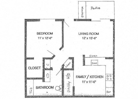 Floor plan for 1 bed, 1 bath, 672 sqft
